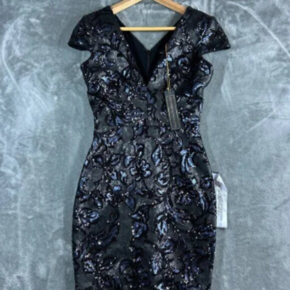NWT Dress the Population Zoe All Over Sequin Cocktail Cap Sleeve Sheath Floral - Picture 1 of 6